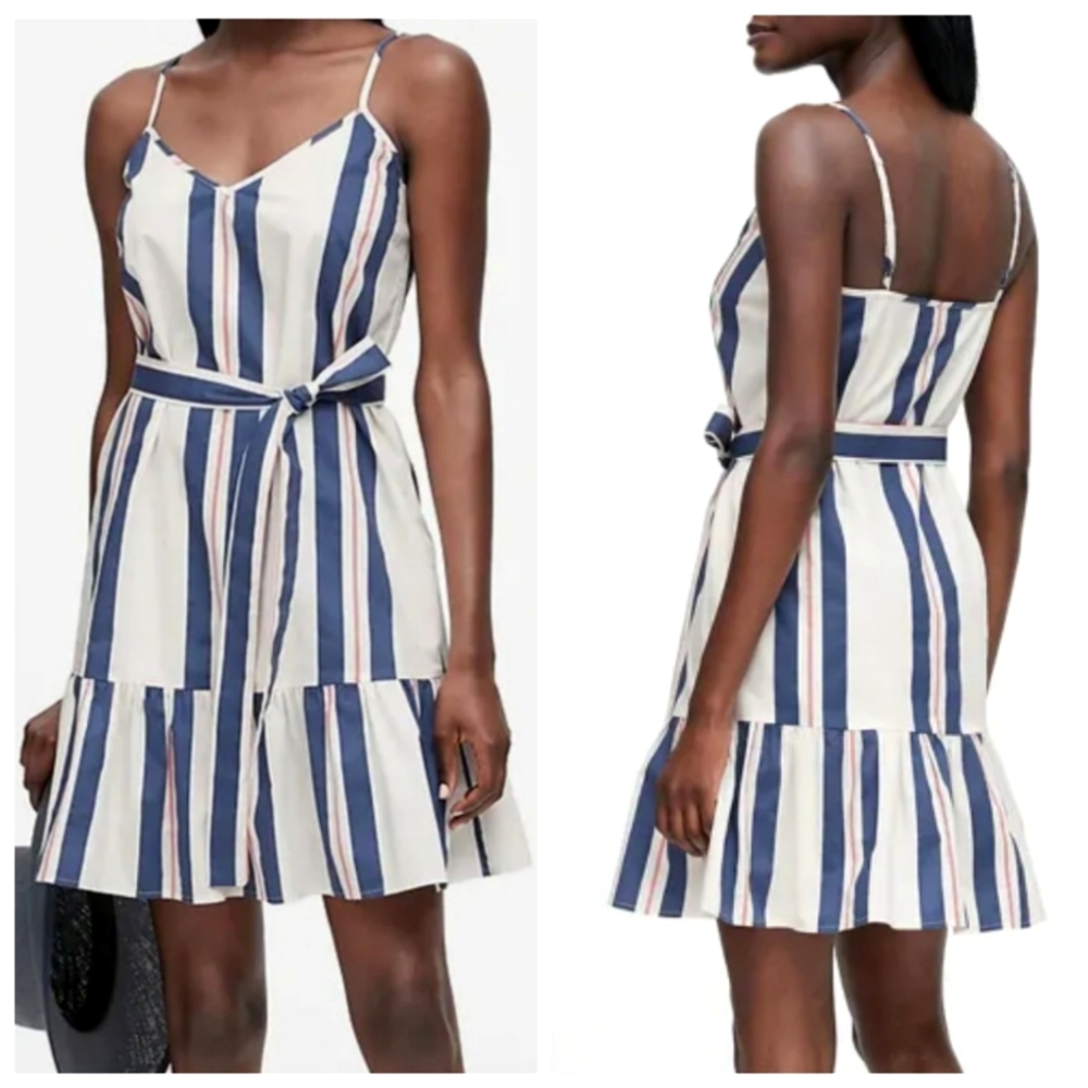 Nwot Banana Republic Striped V Neck Ruffled Poplin A line Mini Dress
